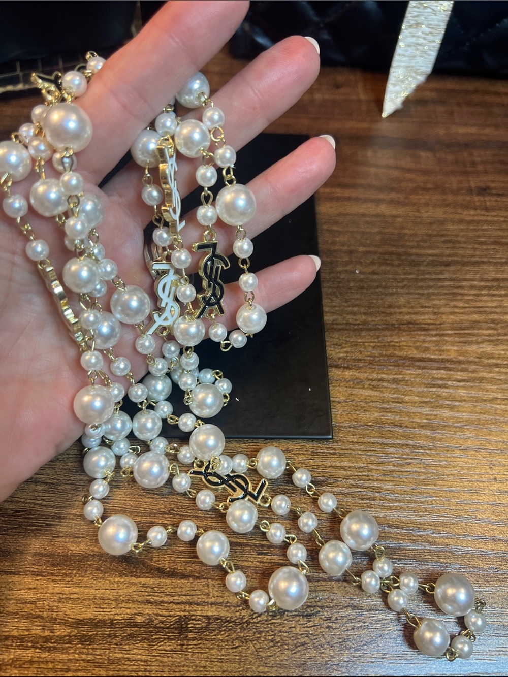 Gold and White Pearl Multi-Strand Logo Necklace